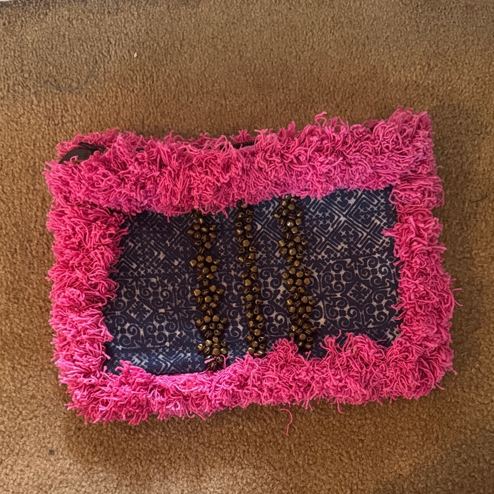Pink and Blue Textured Clutch with Bead Detailing